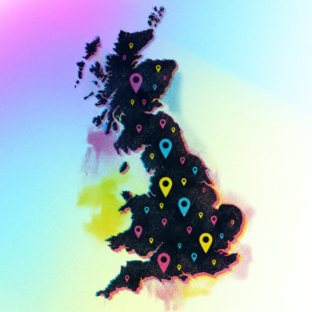 Stylized map of the United Kingdom and Ireland with colorful location pins on a dark landmass against a pastel gradient background.