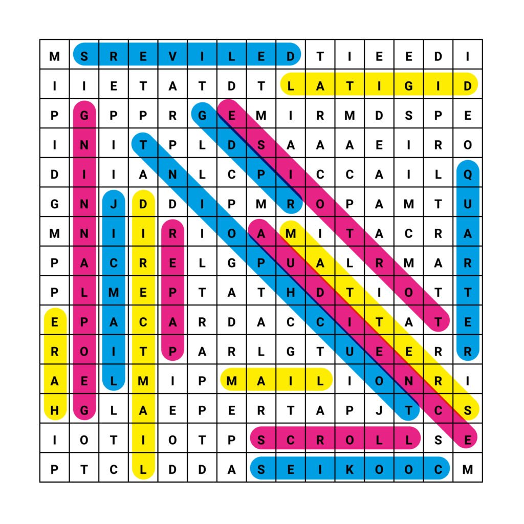 A word search puzzle grid with letters and colorful diagonal highlighting across rows and columns, showing hidden words.